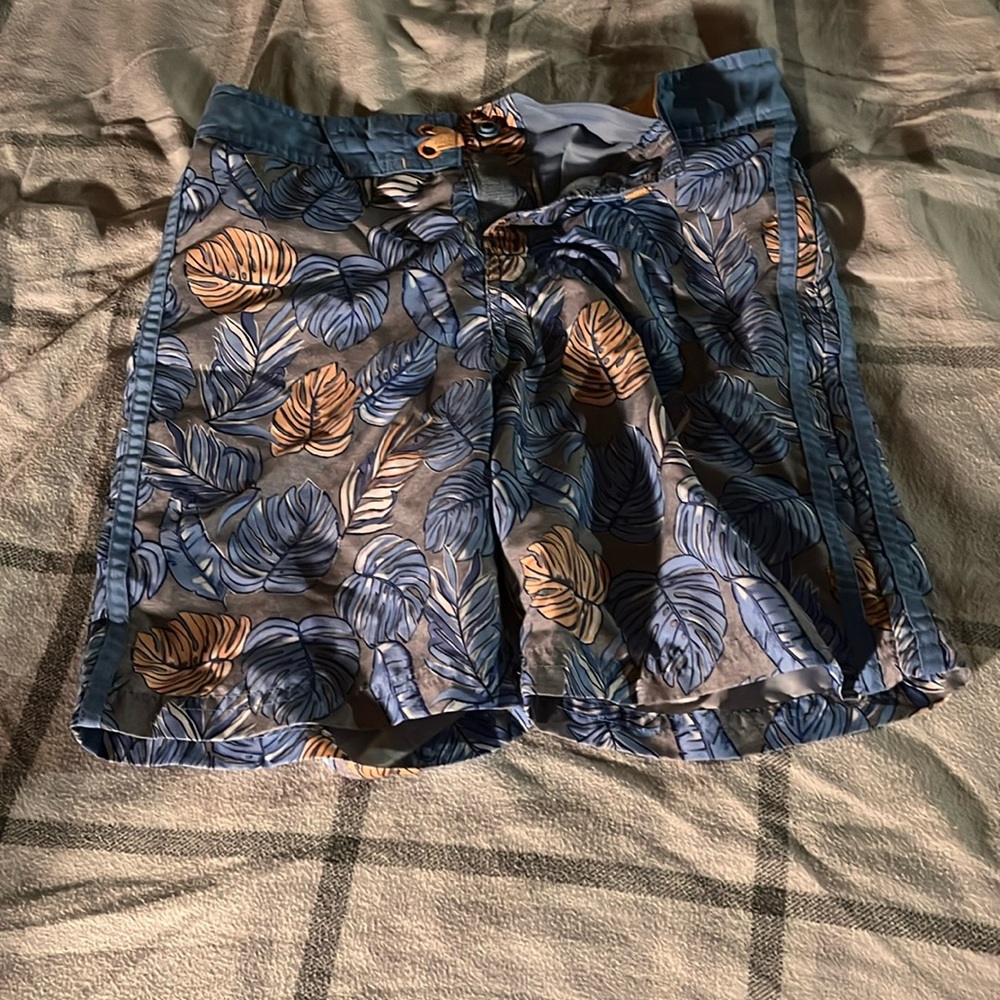 Boys Small Orange and Blue Plants Styled Art Class Swim Trunks Button & Velcro